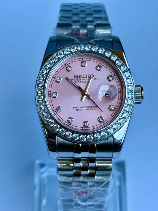 ARAMI MODS | Mod "Lady Datejust" 31mm - Movimiento NH05, Dial Rosa con Gemas y Acero 904L
