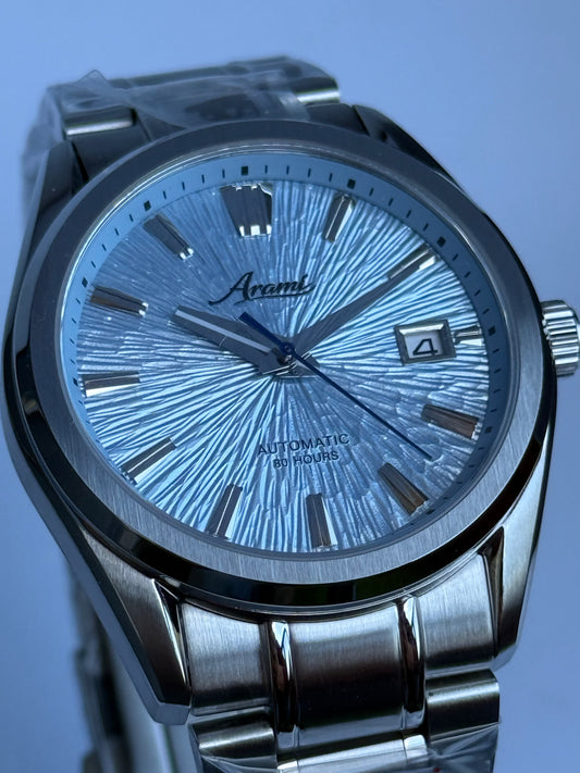ARAMI MODS | Mod "Sky Frost" NH35 - Dial Texturizado Azul Glaciar, Zafiro y Acero 316L